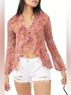 Free People Orange Floral Ruffle V-Neck Blouse